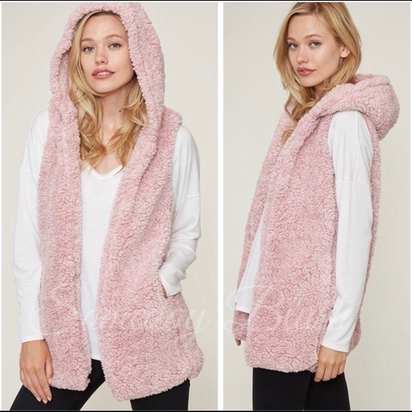Peach Love Pink Faux Sherpa Hooded Vest - Picture 2 of 2